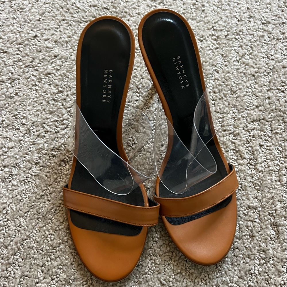 Barneys New York Tan and Black Slide Sandals